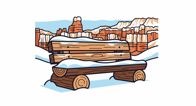 A snowy bench rests amidst the iconic hoodoos of a desert landscape