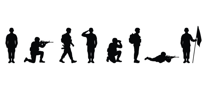 Silhouette soldiers in various poses, including aiming, saluting, and holding a flag.