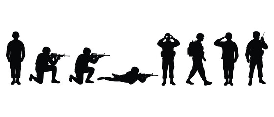 Fototapeta premium Silhouette collection of soldiers in various combat and tactical poses, ready for action.
