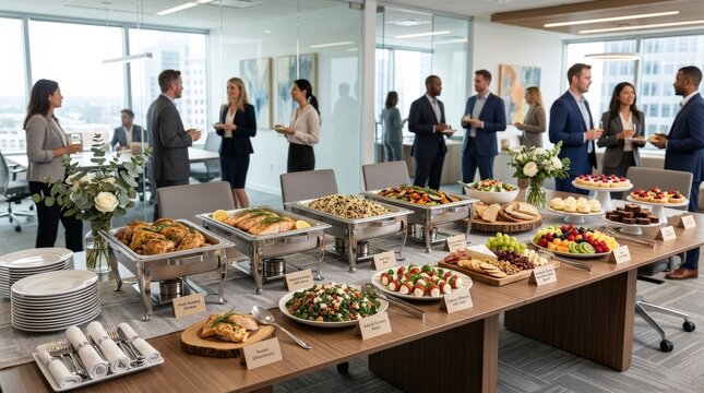 A buffet-style catering setup delivered and arranged on a long office table, neutral modern decor, bright ambient light and a realistic polished corporate-event atmosphere, ultra-realistic, no logos.