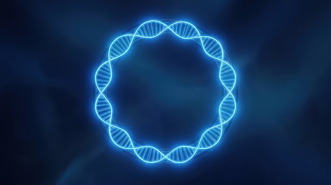 A glowing blue neon helix forming a soft circular loop on dark blue, smooth light transitions and futuristic abstract calm, ultra-realistic, no logos.
