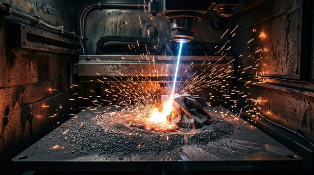 Laser sintering metal particles before printing, glowing sparks and fused powder in extreme detail, dramatic industrial light, advanced manufacturing atmosphere, ultra-realistic, no logos.