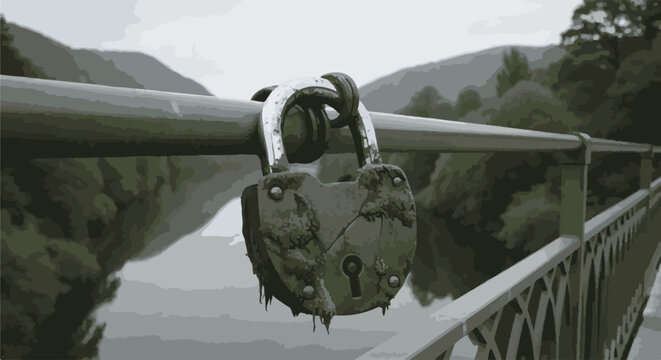 A weathered, rusty padlock secures a railing on a bridge overlooking a misty landscape