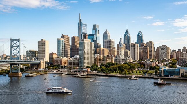 Philadelphia Pennsylvania downtown city skyline from Delaware River, urban travel panorama with architectural character and marketable destination appeal, commercial stock value, balanced composition,