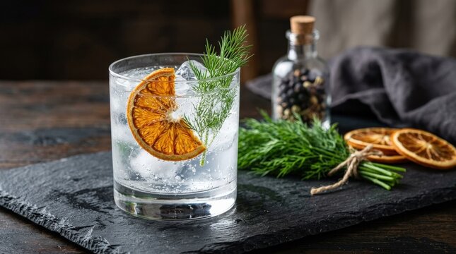 gin and tonic with dried orange and dill photographed in a studio, appetizing food and beverage presentation with premium styling and strong menu appeal, commercial stock value, balanced composition,