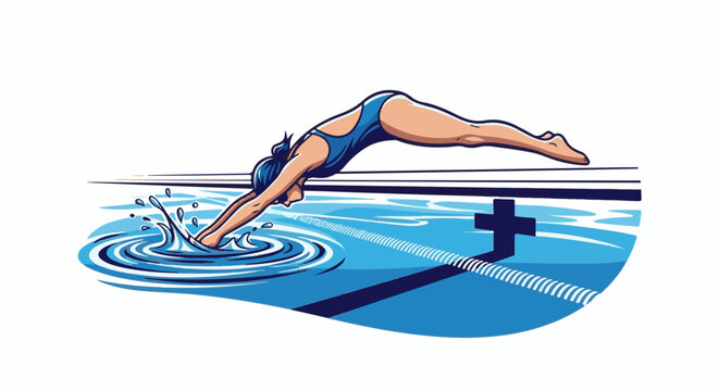 A swimmer gracefully dives into the blue water of a swimming pool, creating splashes