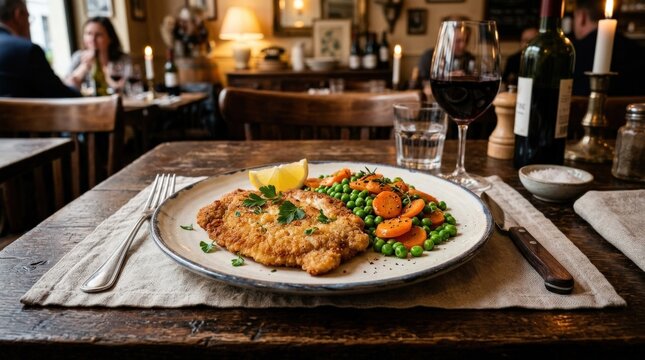 A veal escalope served with green peas and carrots, tender golden cutlet with classic vegetables on a refined plate, comforting bistro mood with soft warm light, ultra-realistic, no logos.