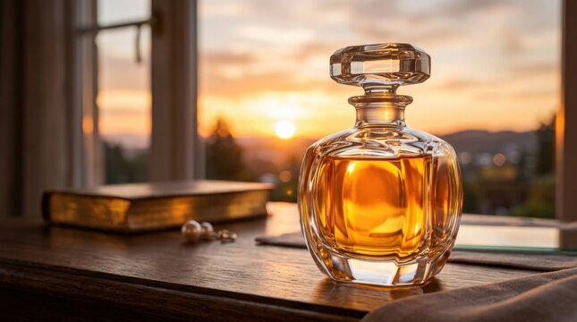 A luxury perfume bottle glowing in sunset light, warm amber tones, smooth glass and refined reflections in an elegant setting, ultra-realistic, no logos.