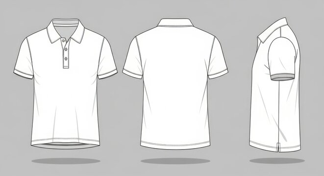 White polo shirt technical illustration front back and side views