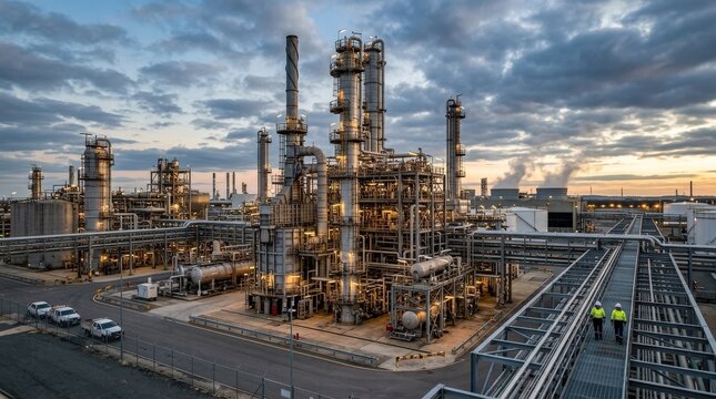 Images around a refining complex, modern industry and infrastructure scene with strong documentary value, commercial stock appeal, balanced composition, realistic lighting, crisp focus, detailed