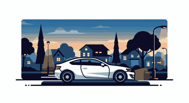 A white coupe drives through a suburban neighborhood at dusk with warm lights in houses