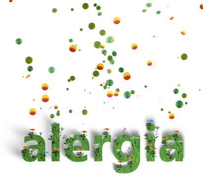 3D illustration of the word "allergy" in Spanish. With pollen flying and flowers that trigger spring allergies. Graphic style with flat colors on a white background.