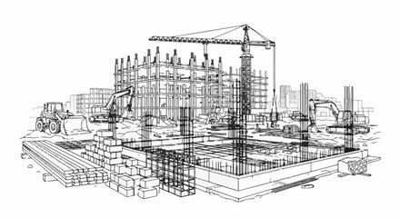 Fototapeta premium A sketch of an urban construction site with heavy machinery