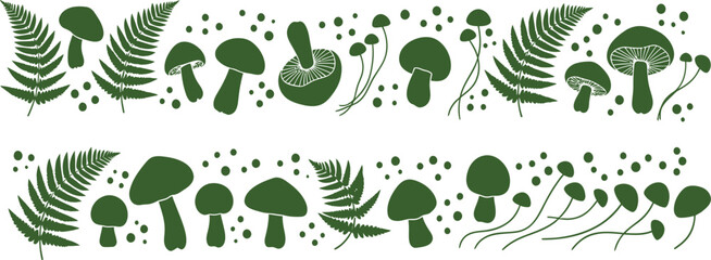 Green mushroom, leaf, and dot border elements, vector fungi illustrations, decorative forest motifs, natural design patterns © Farhan