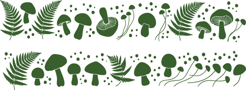 Green mushroom, leaf, and dot border elements, vector fungi illustrations, decorative forest motifs, natural design patterns