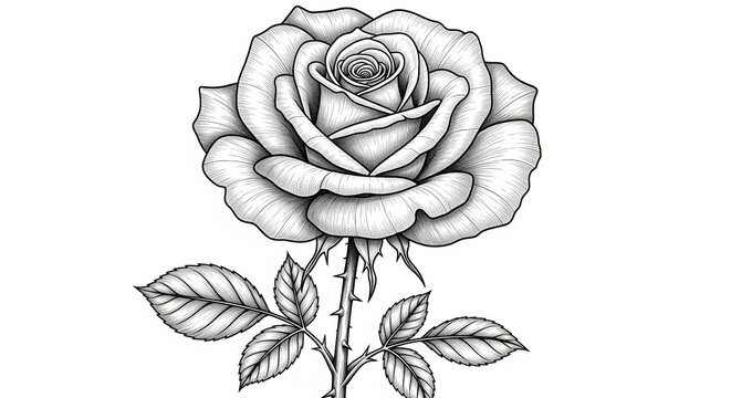 A detailed black and white sketch of a blooming rose with layered petals and stem with leaves. Features fine line work and shading, ideal for botanical art, tattoos, or decor.