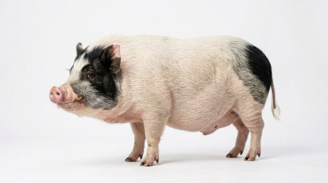 A potbellied pig standing on a white background