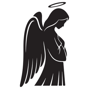 Black angel silhouette with wings and halo praying isolated on white background vector illustration