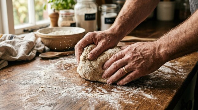 Hands kneading dough on a floured surface, rich texture and motion under warm kitchen light creating a tactile artisanal mood, ultra-realistic, no logos.