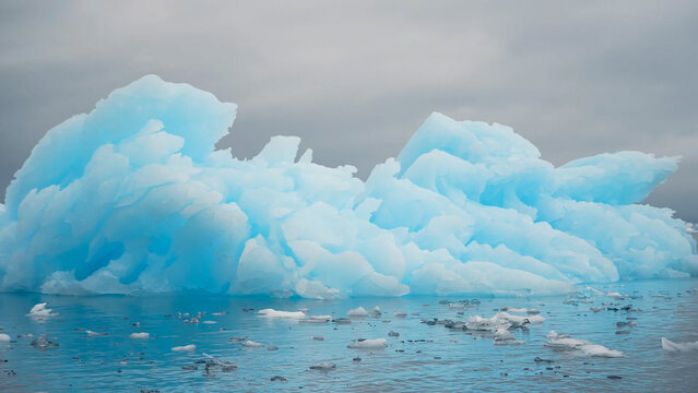 A strikingly vibrant blue iceberg floating in the ocean, showcasing intricate textures and the effects of compressed glacial ice
