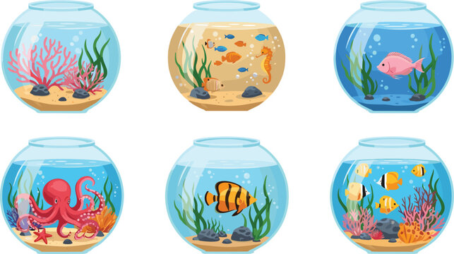 Colorful Aquarium Fish Bowl Icon Set with Coral, Plants, and Marine Creatures for Pet Care Design, Underwater Illustration, and Ocean Life Graphics