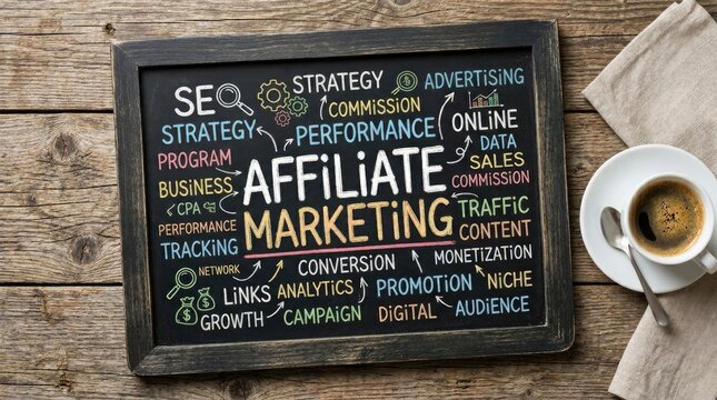 Affiliate Marketing word cloud concept on a chalkboard with coffee.