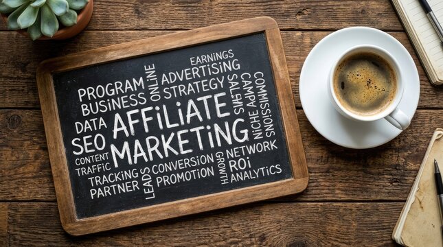 Affiliate marketing concept word cloud on a chalkboard with coffee on a wooden desk.