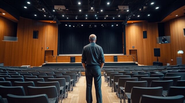 A man stands with his back to the viewer in front of an empty auditorium, conveying the nervousness before a performance or the loneliness of the artist, providing a dramatic 