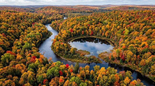 Top-Down Aerial of River and Pond Surrounded by Autumn Forest, scenic travel landscape with atmospheric depth and broad natural appeal, strong commercial stock value, balanced composition, realistic