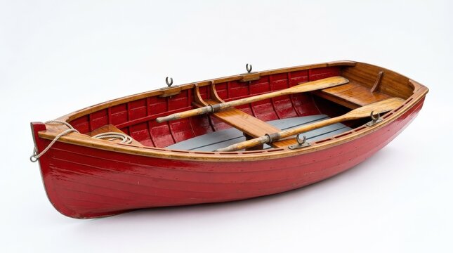 A red rowboat with oars isolated on a white background, wooden vessel with bold painted finish and charming recreational nautical character, ultra-realistic, no logos.