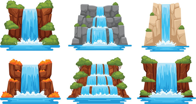 Cartoon Waterfall Icon Set Featuring Diverse Rock Structures and Flowing Water Variations for Game Design, Nature Scenes, Landscape Illustration, and Outdoor Environment Graphics