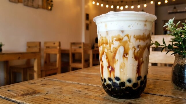 A chilled milk bubble tea in a clear plastic cup with kuromitsu syrup and glossy black boba pearls, creamy foam and condensation details, soft cafe light and trendy refreshing atmosphere,