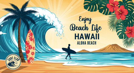 Vintage Hawaii beach life vector illustration, retro surf club poster with ocean wave and palm tree, tropical summer vacation banner isolated PNG with Transparent Background © Cozirooh.com