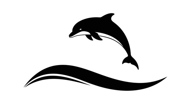 Black silhouette dolphin leaping over waves vector graphic