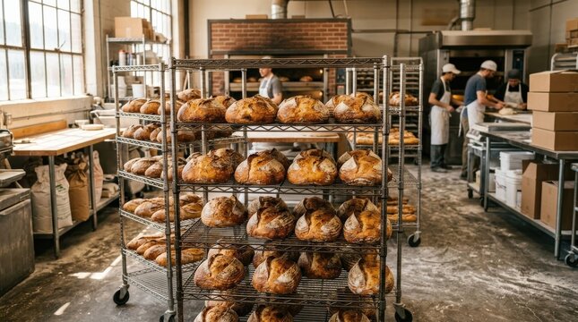 Freshly baked golden bread loaves cooling on racks in commercial bakery, artisan baking, food production, warm sunlight, crisp crust texture, realistic detail, no logos
