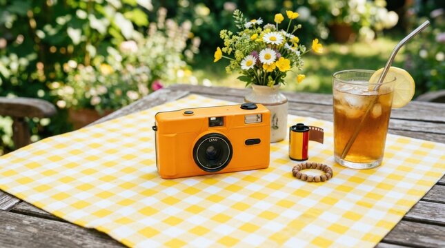Orange film camera on a yellow and white checkered tablecloth, retro photography concept, playful summer still life, bright clean styling, realistic detail, no logos