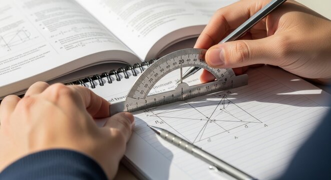 Student Measuring Angles with Protractor in Math Book