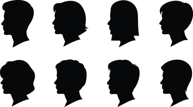 Collection of diverse male and female head profile silhouettes showcasing different hairstyles and facial features isolated on transparent background