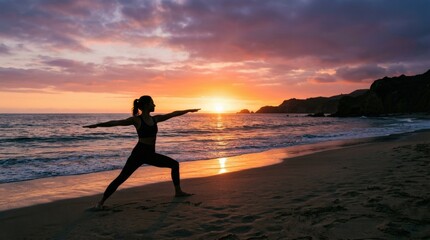 Fototapeta premium Silhouette of a person practicing yoga at sunset on a beach, calm waves and colorful skies, peaceful wellness atmosphere, realistic coastal scene, no logos