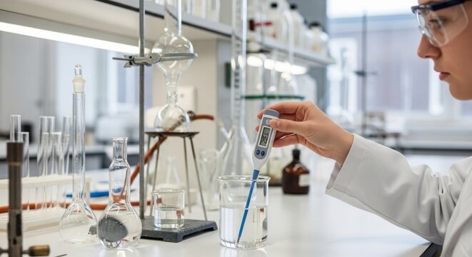 Student Measuring Liquid Temperature in Laboratory Setting