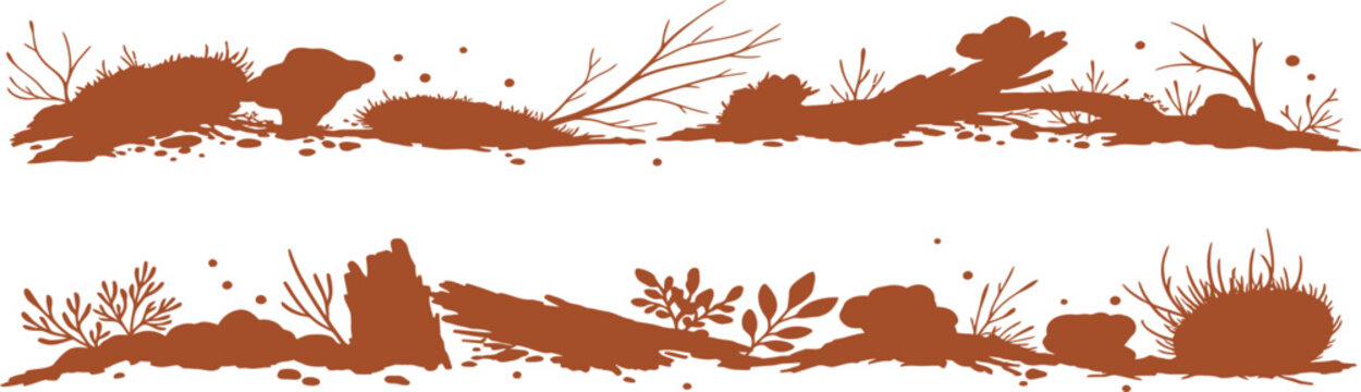 Brown landscape border, rustic ground silhouette, vector foliage, earthy terrain decoration