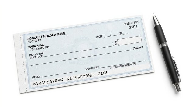 A blank check with a pen isolated on a white background, finance and accounting concept with crisp paper detail and professional office clarity, ultra-realistic, no logos.