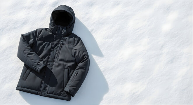 A fashionable man and woman in casual black winter coats and warm hoods stand outdoors in the cold white snow