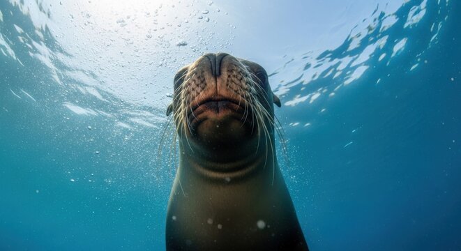 Close up underwater portrait of a curious sea lion swimming towards camera