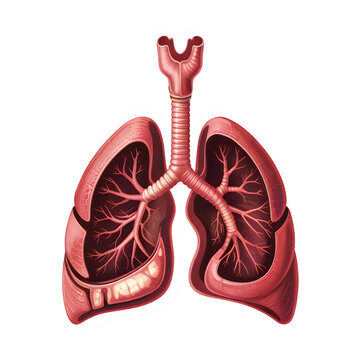 Red human lungs with bronchial tree isolated on transparent background