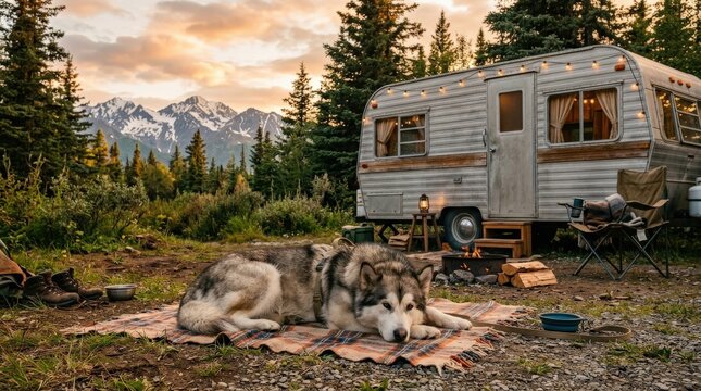 Alaskan malamute dog lying in front of a camper in golden light, outdoor pet travel concept for camping, companionship and road trip themes, soft fur texture, warm sunset glow, realistic detail, cozy