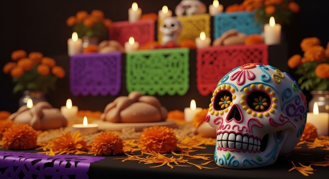 Day of the Dead altar with sugar skull, marigolds, bread and candles