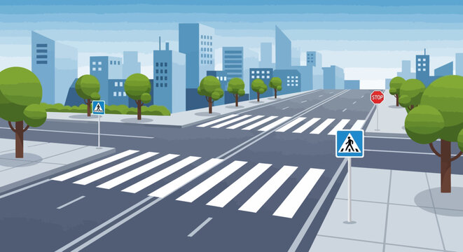City Street with Pedestrian Crossing and Traffic Signs
