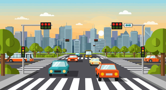 City Traffic Intersection with Cars and Traffic Lights in Urban Landscape