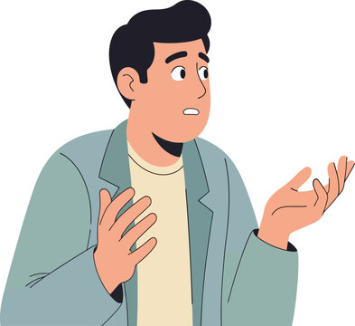 Confused man with shrugging gesture, worried male character in flat vector style, uncertain person expressing doubt and hesitation